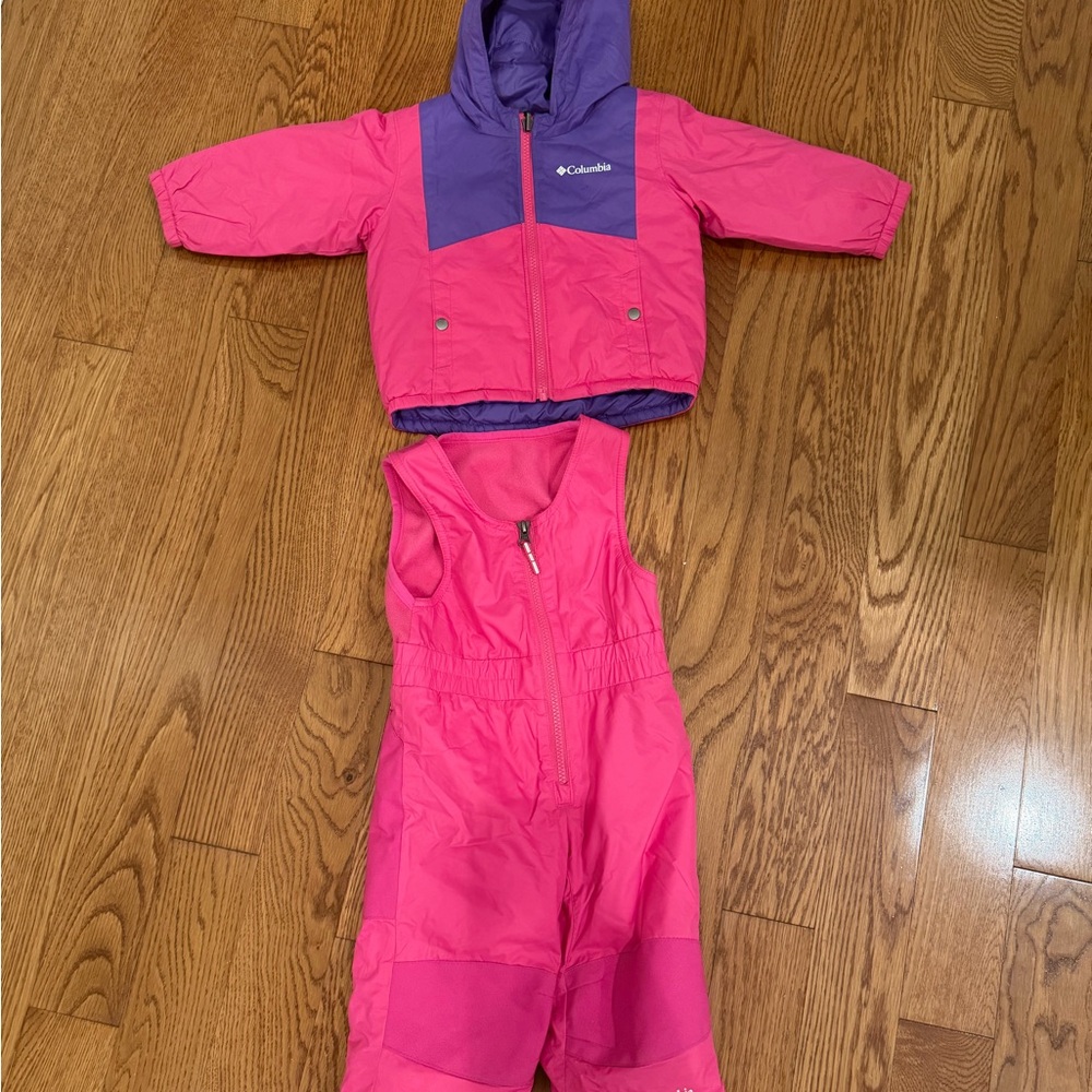 Columbia Reversible Pink and Purple Snowsuit Set coat and bib 12-18months
